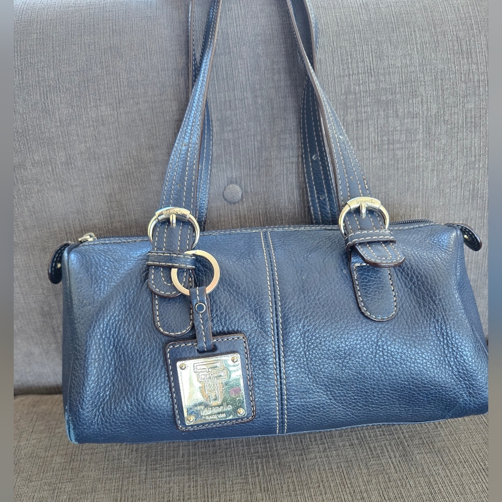 Tignanello Navy Blue Leather Shoulder Bag, Silver Hardware, Adjustable Straps